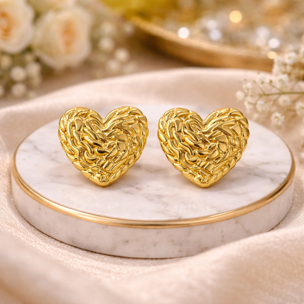 Golden Weave Heart Stud Earrings